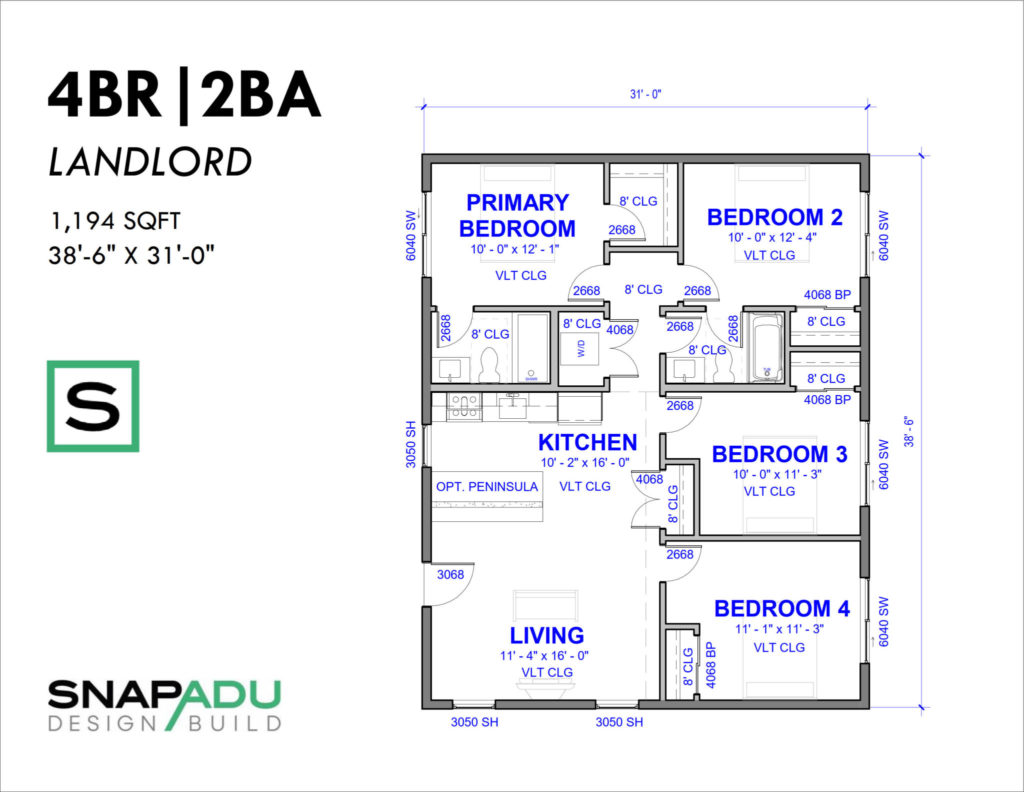 Floor Plan 4BR 2BA 1155 SF 39x30 LANDLORD ADU 3D View