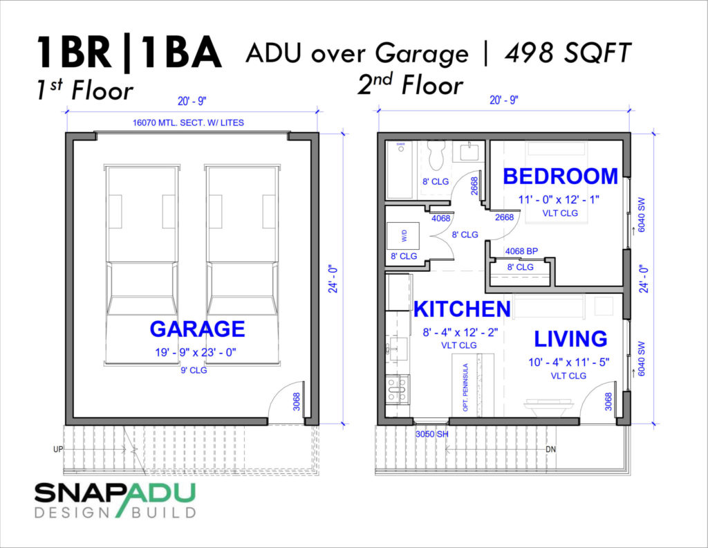 2 Story Snap ADU Floor Plan 1BR 1BA 498 SF 28x21 1 Bedroom 1 Bath Above Ground Floor Garage 500 sqft