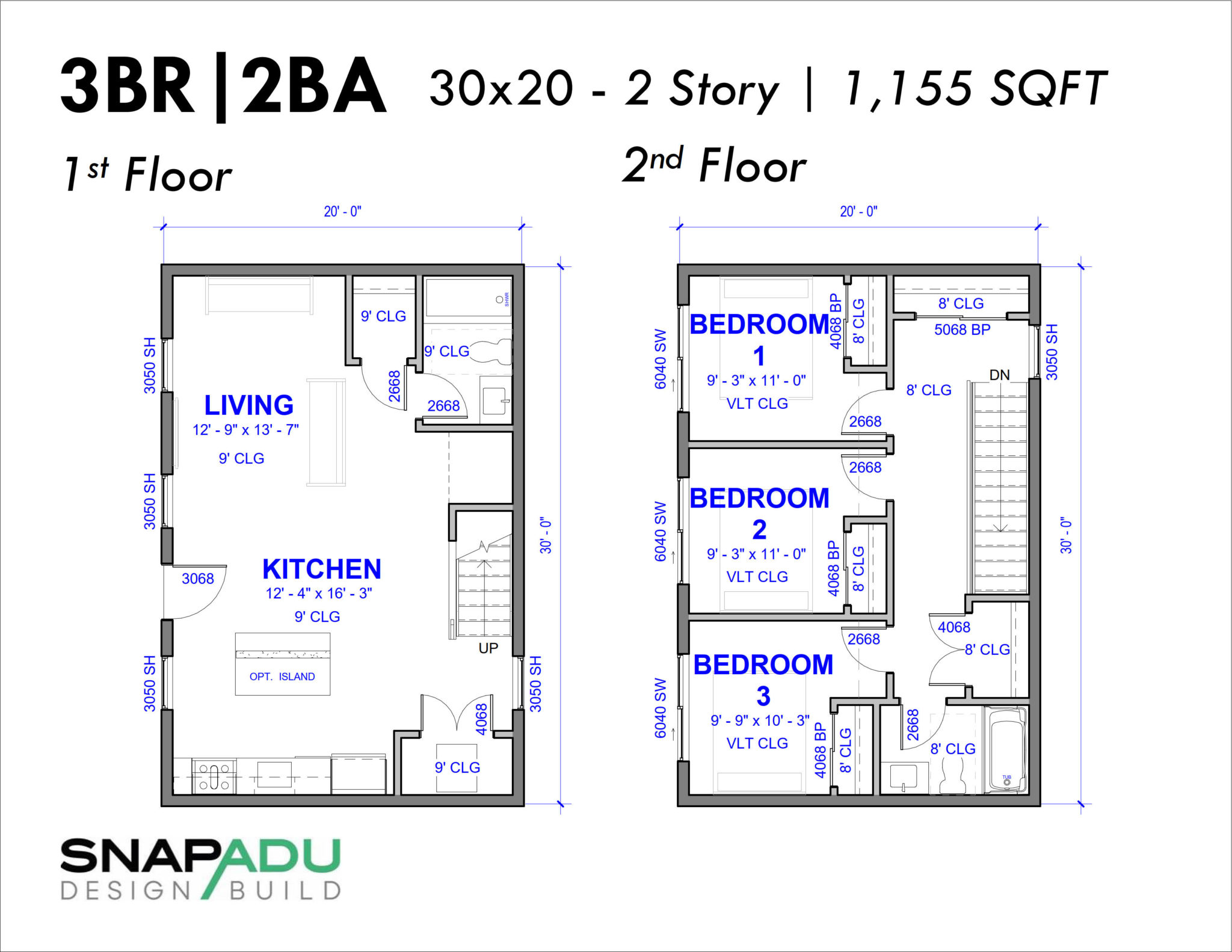 2 Story Snap ADU Floor Plan 3BR 2BA 1155 SF 30x20 1st Floor Open 3 Bedrooms 1 Baths Upstairs 1200 sqft