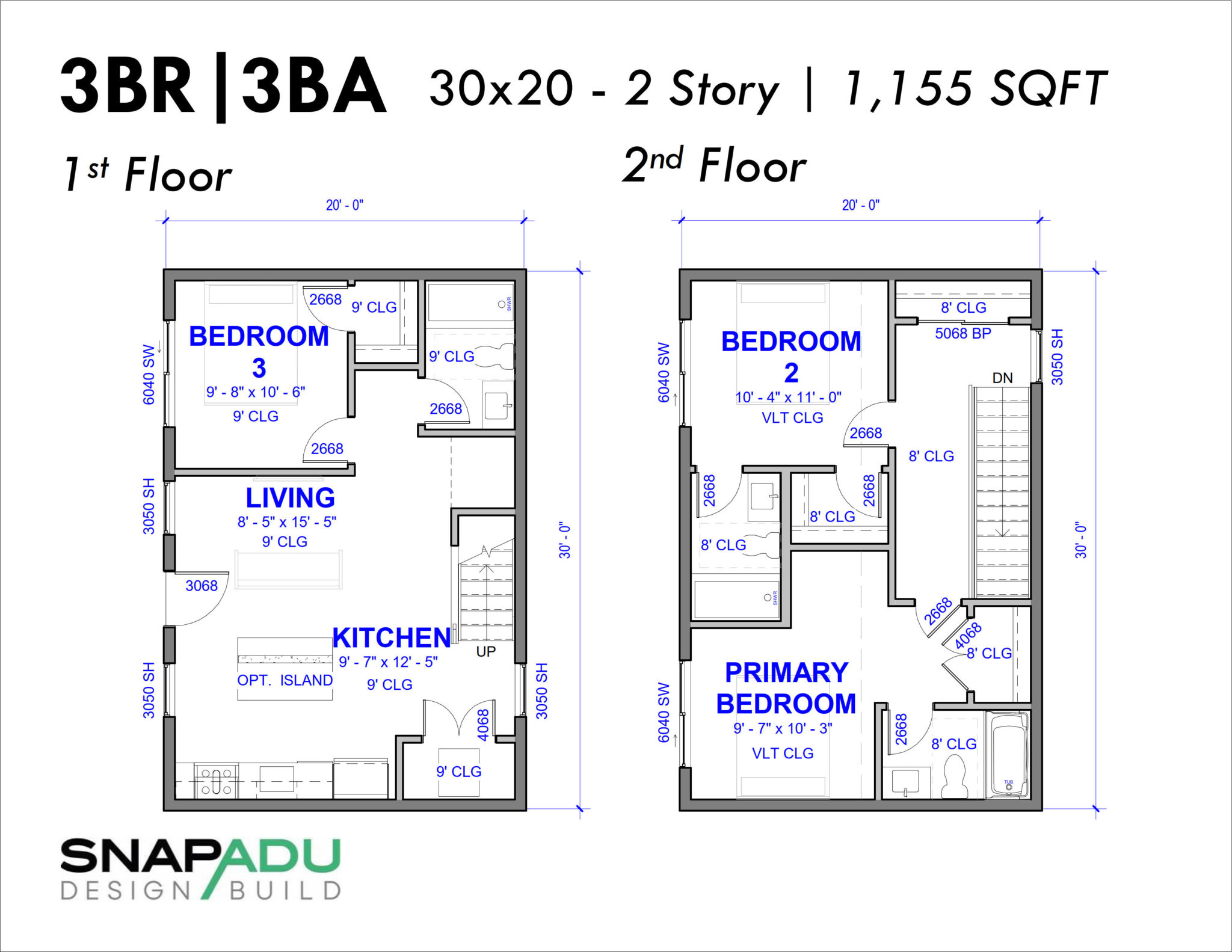 2 Story Snap ADU Floor Plan 3BR 3BA 1155 SF 30x20 1st Floor Bedroom 2 Bedrooms 2 Baths Upstairs 1200 sqft