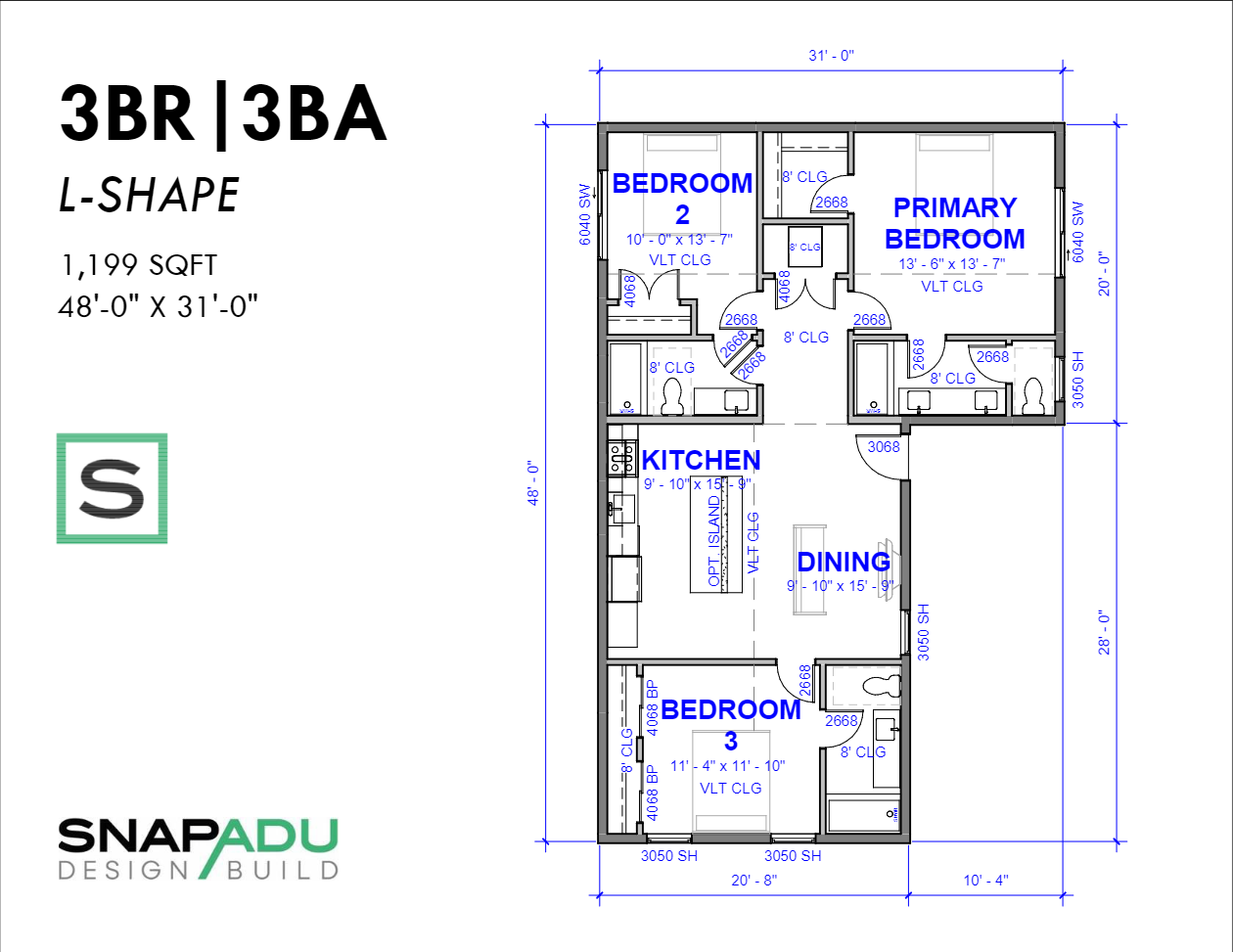3BR 3BA 1199 SF 48x31 L-SHAPE Snap ADU Floor Plan 3 Bedroom 1200 sqft