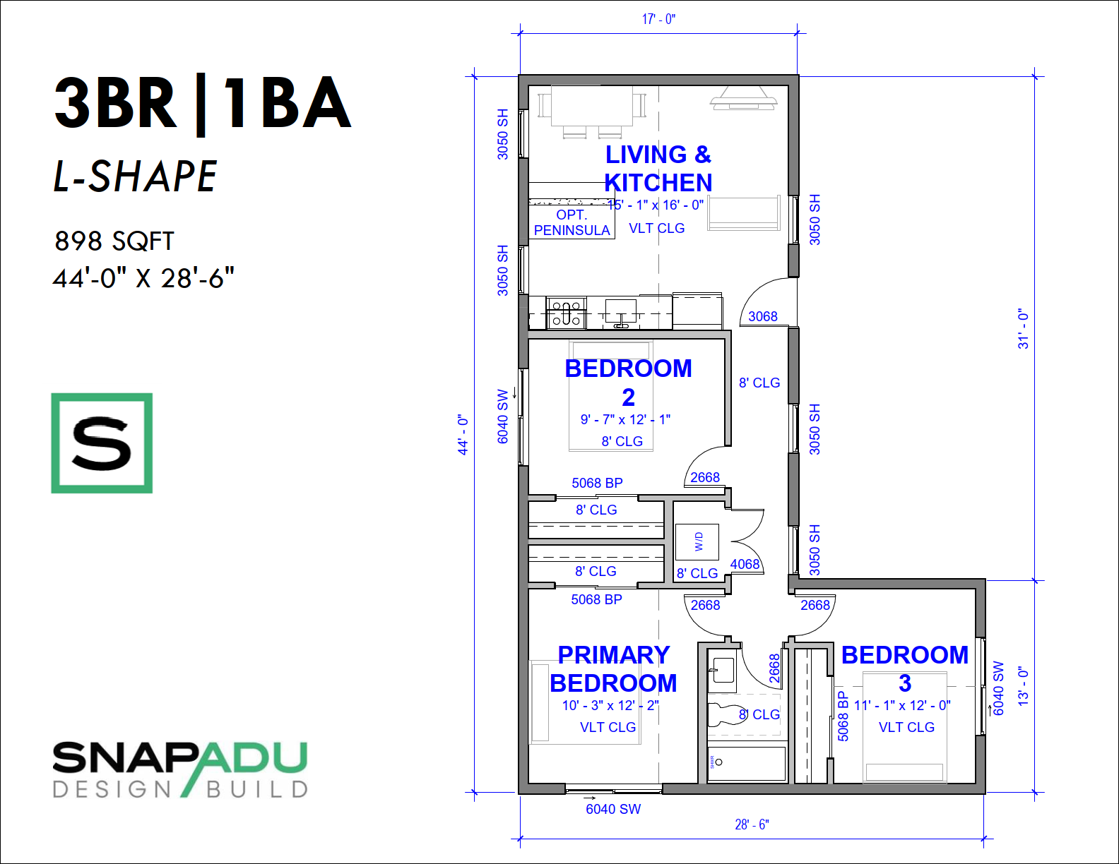 3BR 1BA 898 SF 44x29 L-SHAPE Snap ADU Floor Plan 3 Bedroom 900 sqft