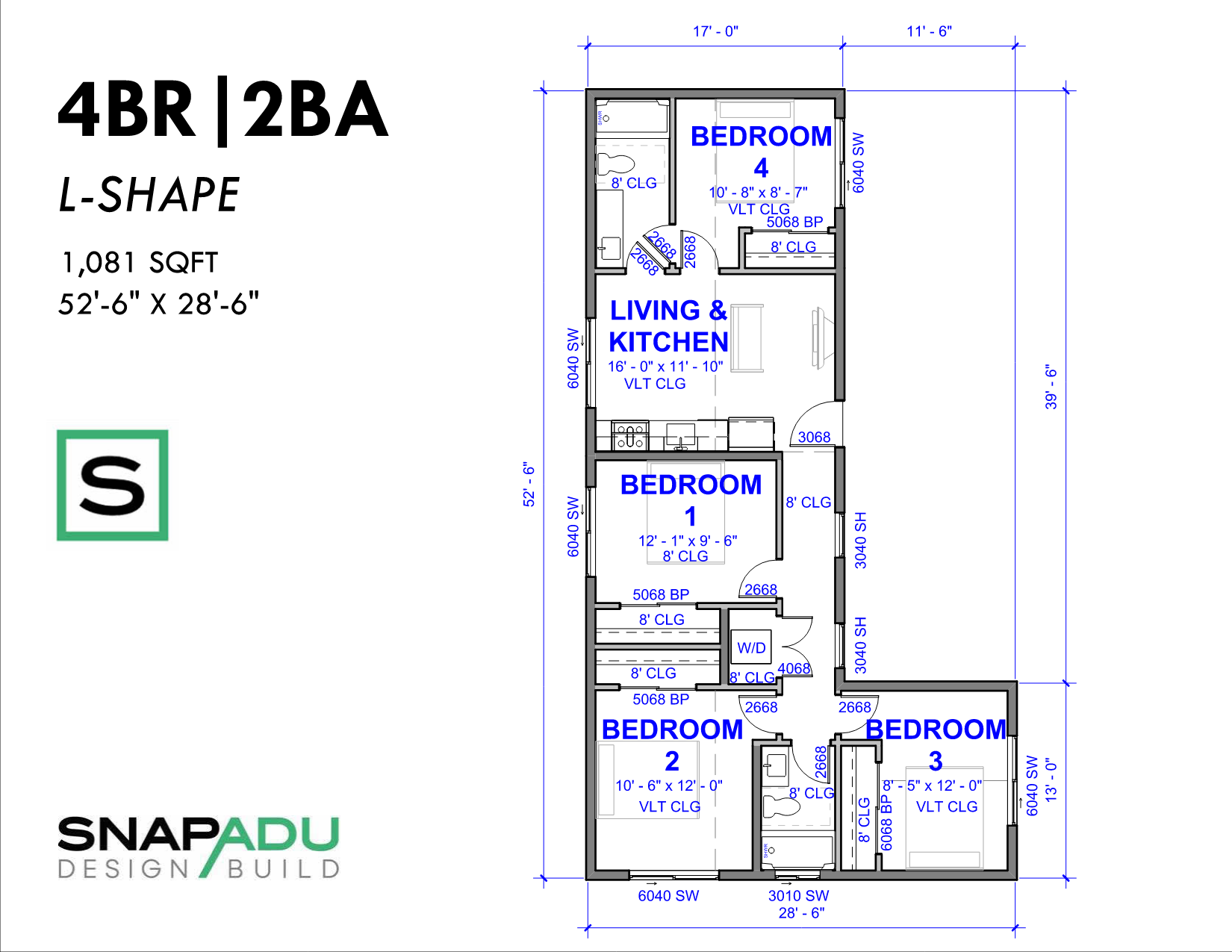 ADU Floor Plan 4BR 2BA Under 1100 sqft L-Shape 52x28