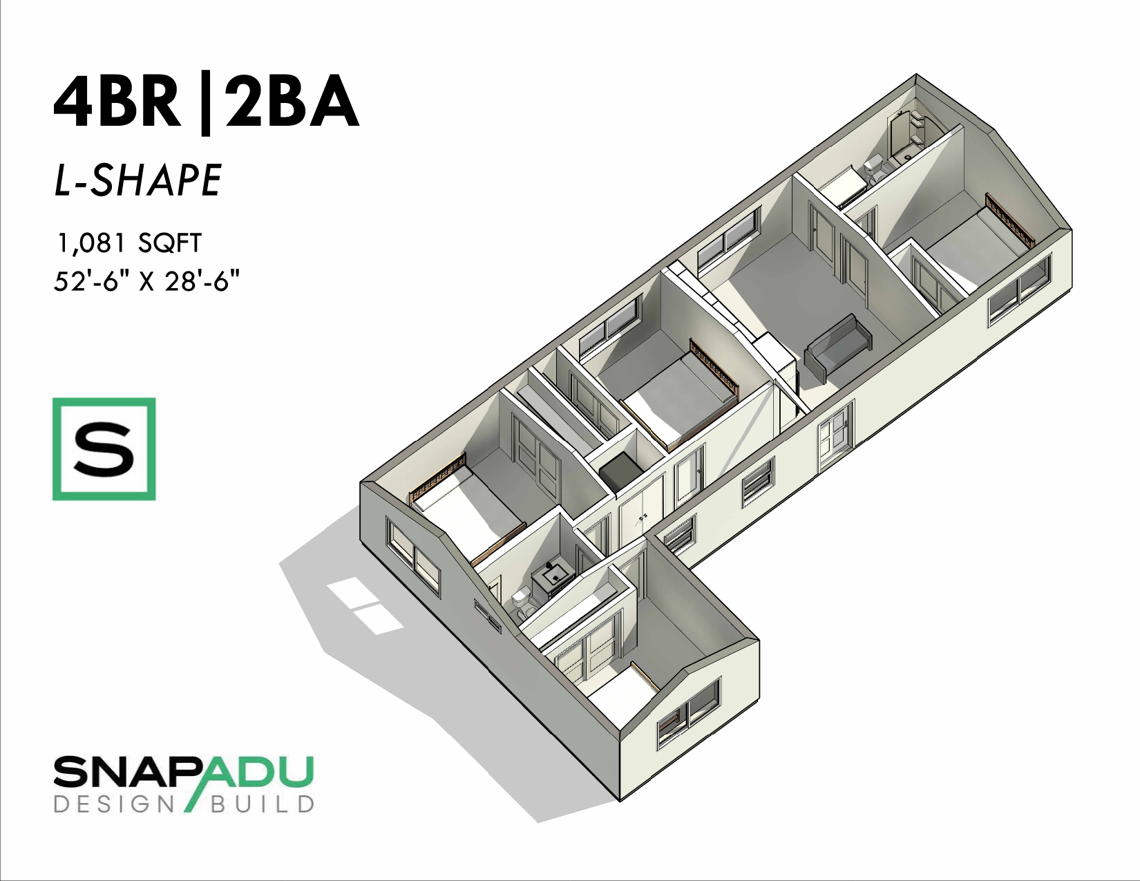 ADU Floor Plan 4BR 2BA Under 1100 sqft L-Shape 52x28 3D View