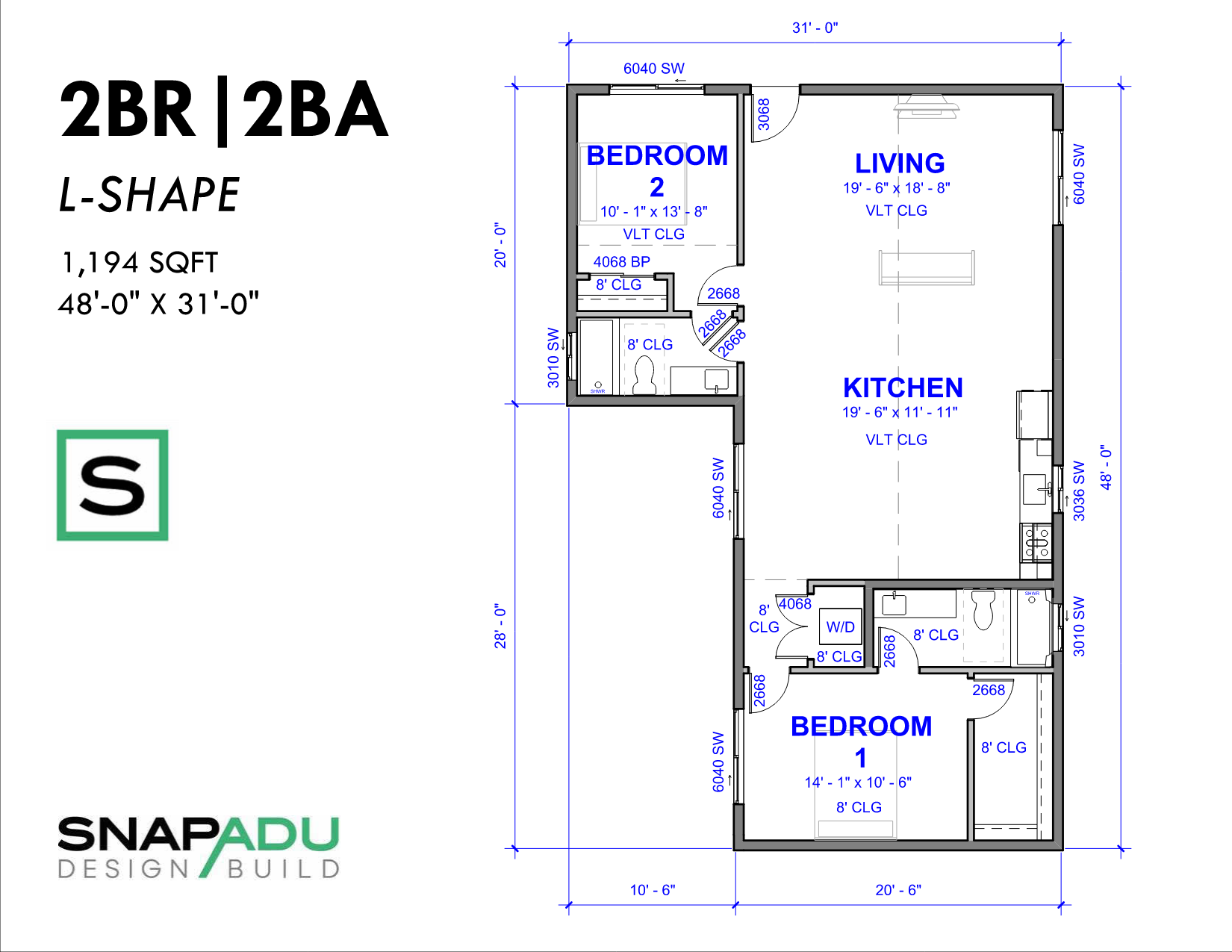 ADU Floor Plan 2BR 2BA Under 1200 sqft L-Shape 48x31