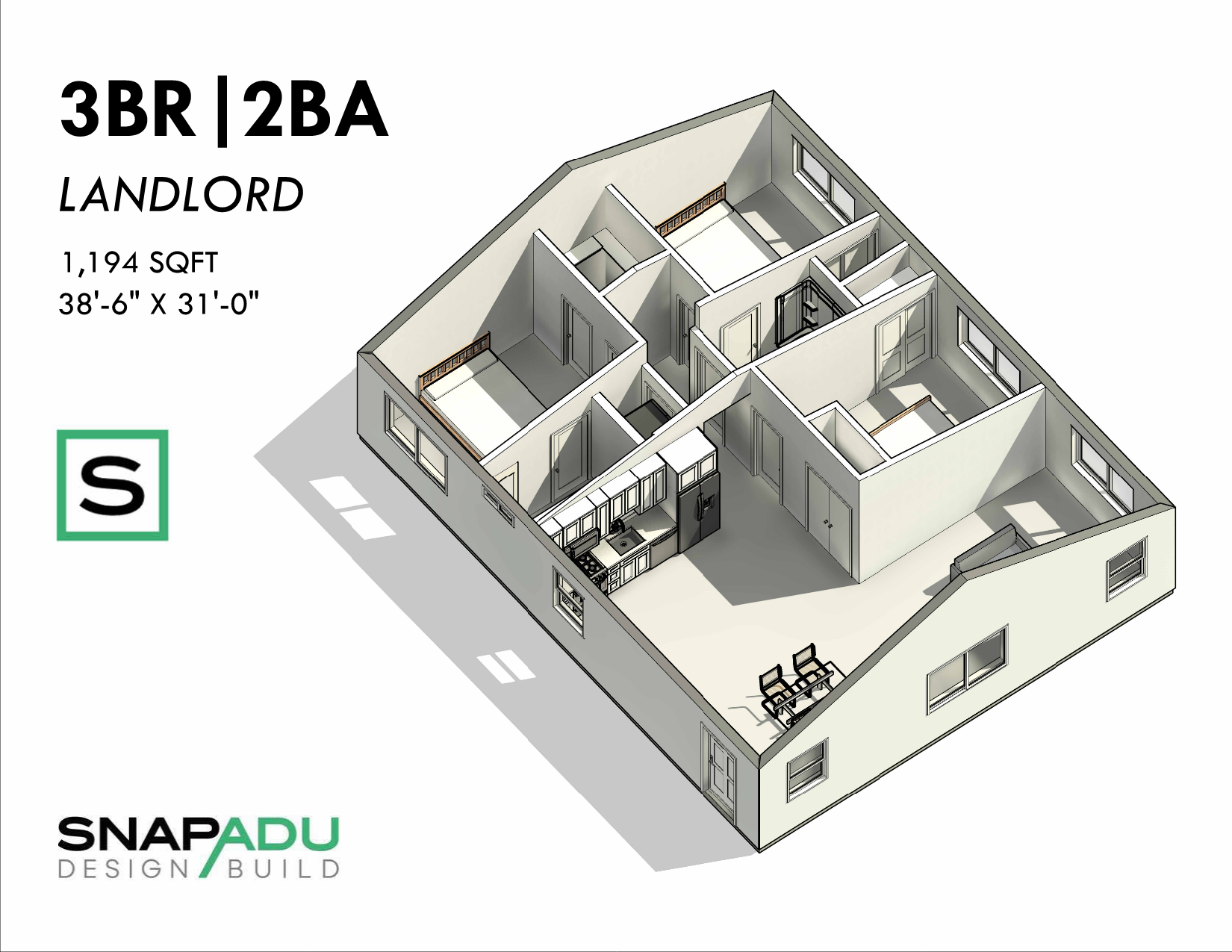ADU Floor Plan 3BR 2BA Under 1200 sqft 38x31 Dollhouse View