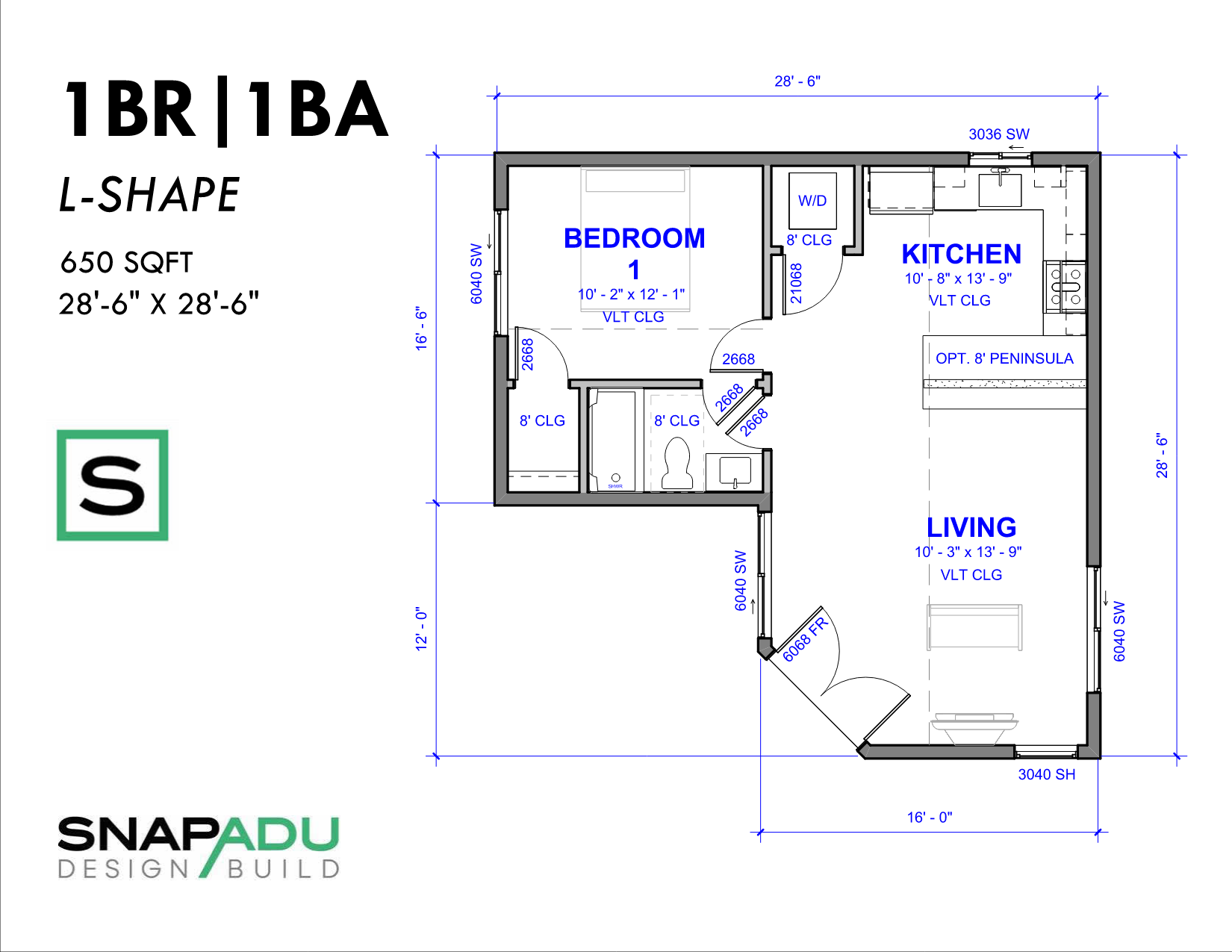 ADU Floor Plan 650-1BR 1BA - L-Shape - SnapADU