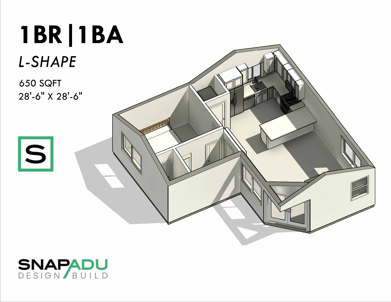 ADU Floor Plan 650-1BR 1BA - L-Shape - SnapADU - Dollhouse