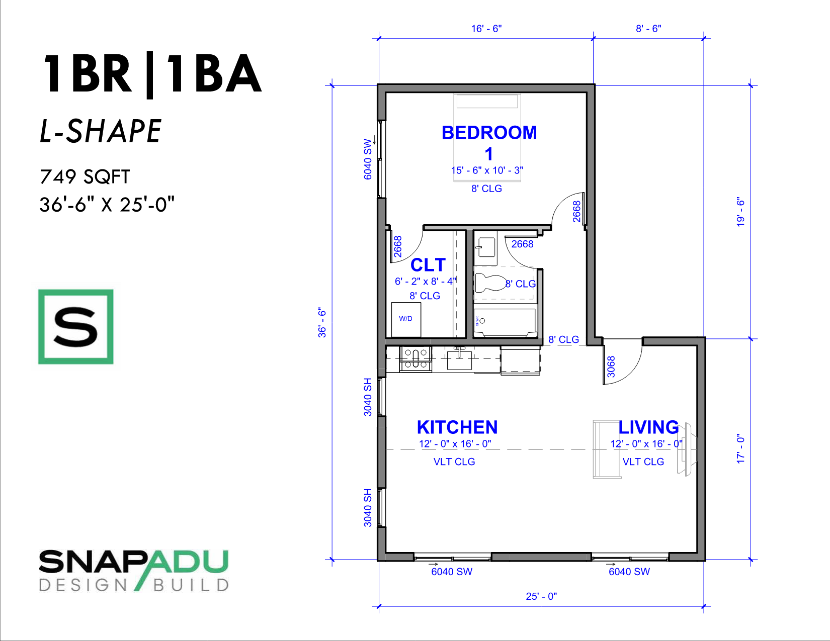 ADU Floor Plan 1BR 1BA Under 750 sqft L-Shape