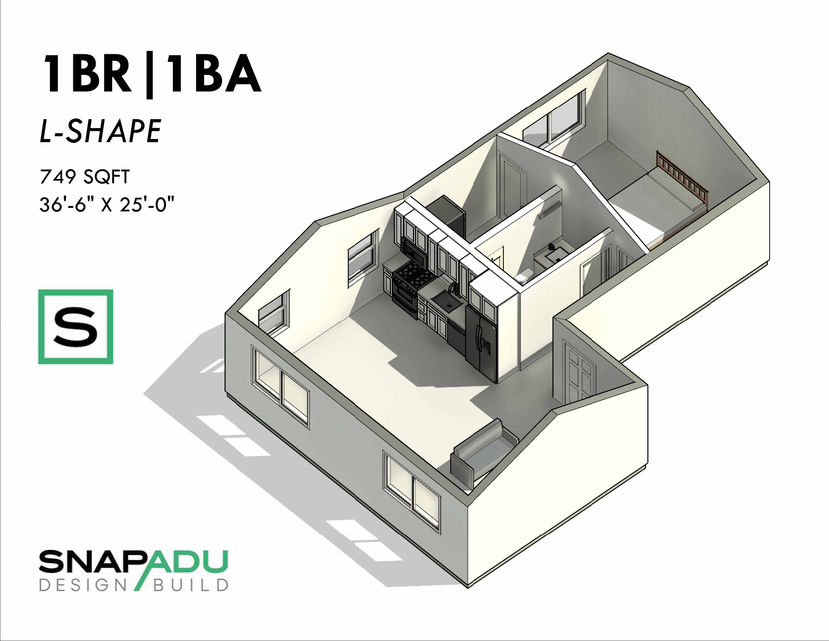 ADU Floor Plan 1BR 1BA Under 750 sqft L-Shape Dollhouse View