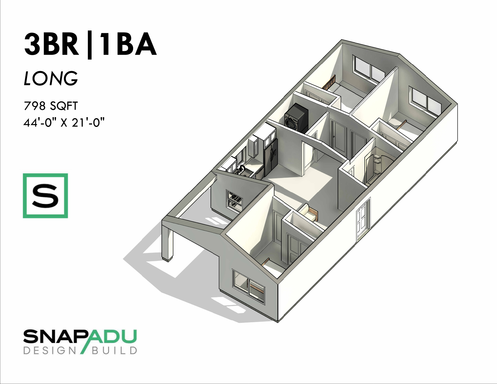 ADU Floor Plan 3BR 1BA Under 800 sqft L-Shape 44x21 3D View