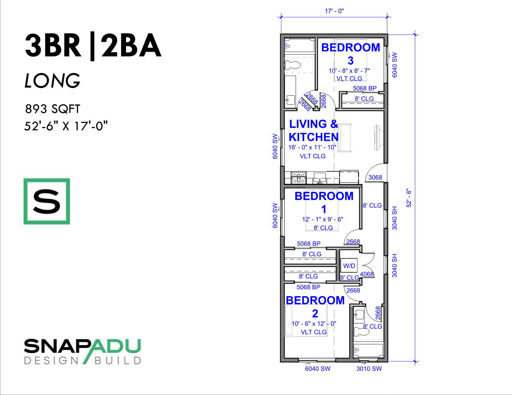 ADU Floor Plan 3BR 2BA Under 900 sqft Long 57x17