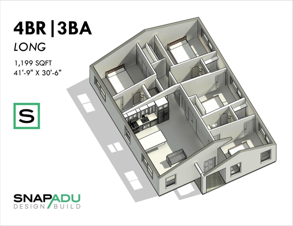 Floor Plan 4BR 3BA 1199 SF 41x30 LONG Snap ADU 3D View