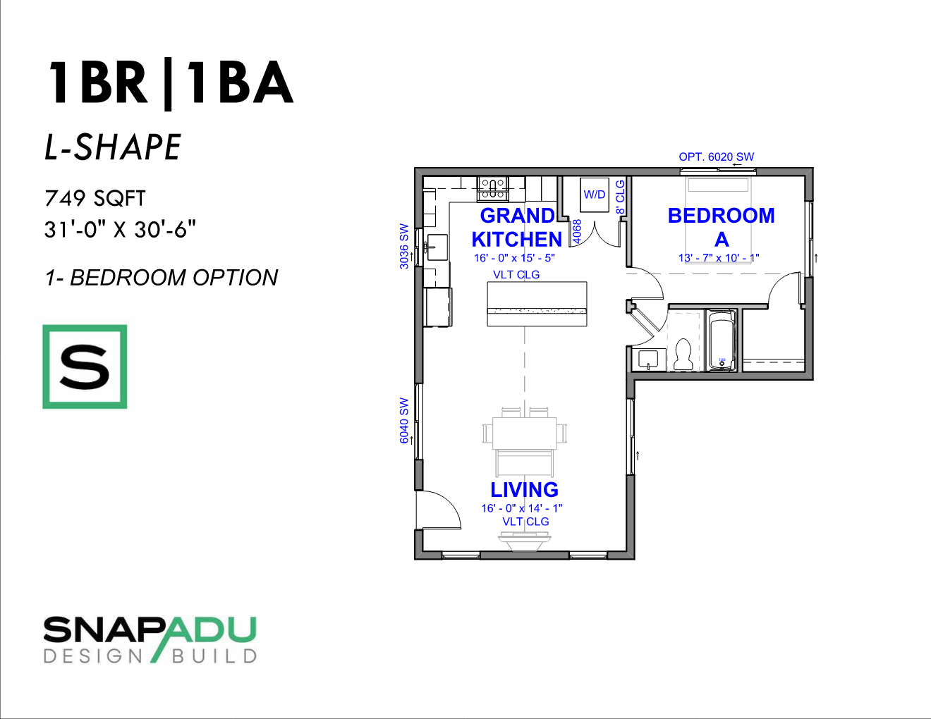 ADU Floor Plan 1BR 1BA Under 750 sqft L-Shape 31x30