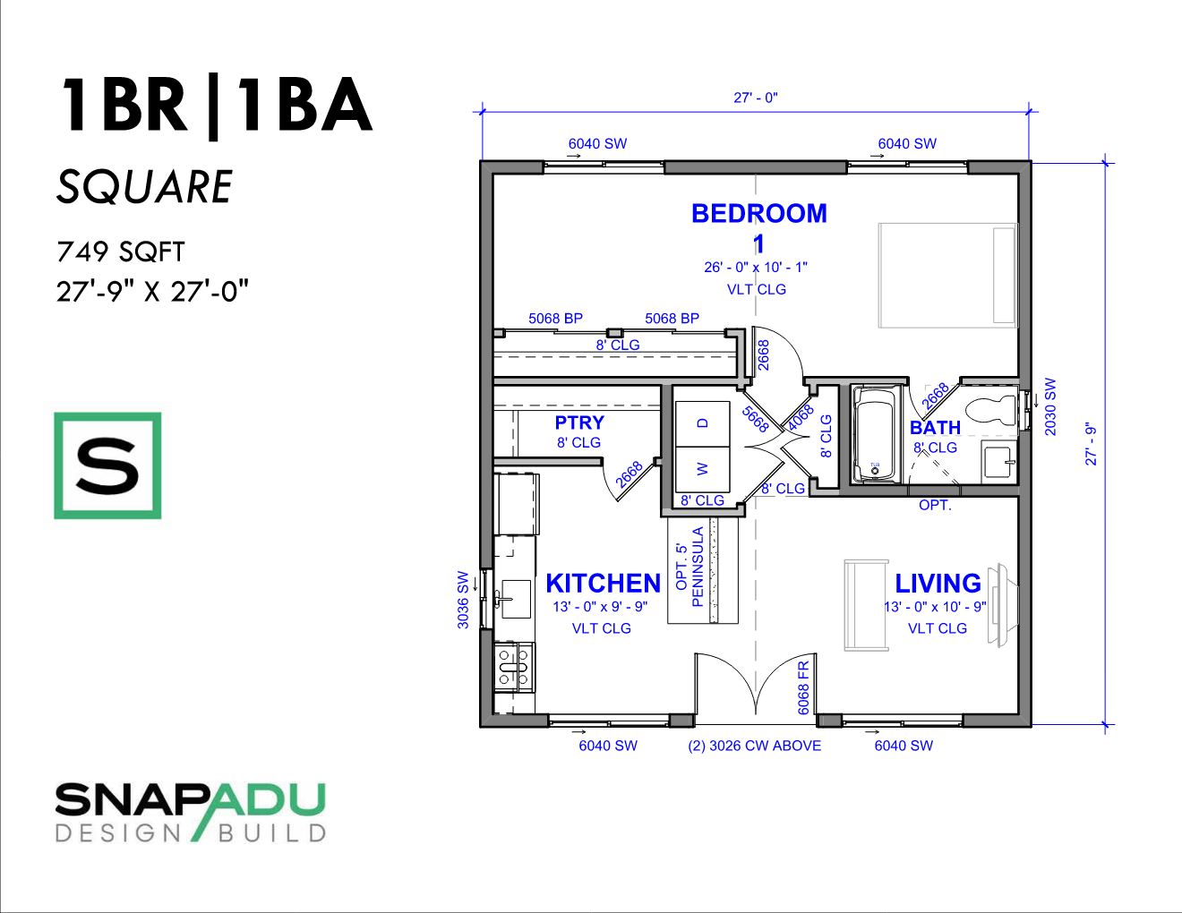 ADU Floor Plan 1BR 1BA Under 750 sqft Square 27x27