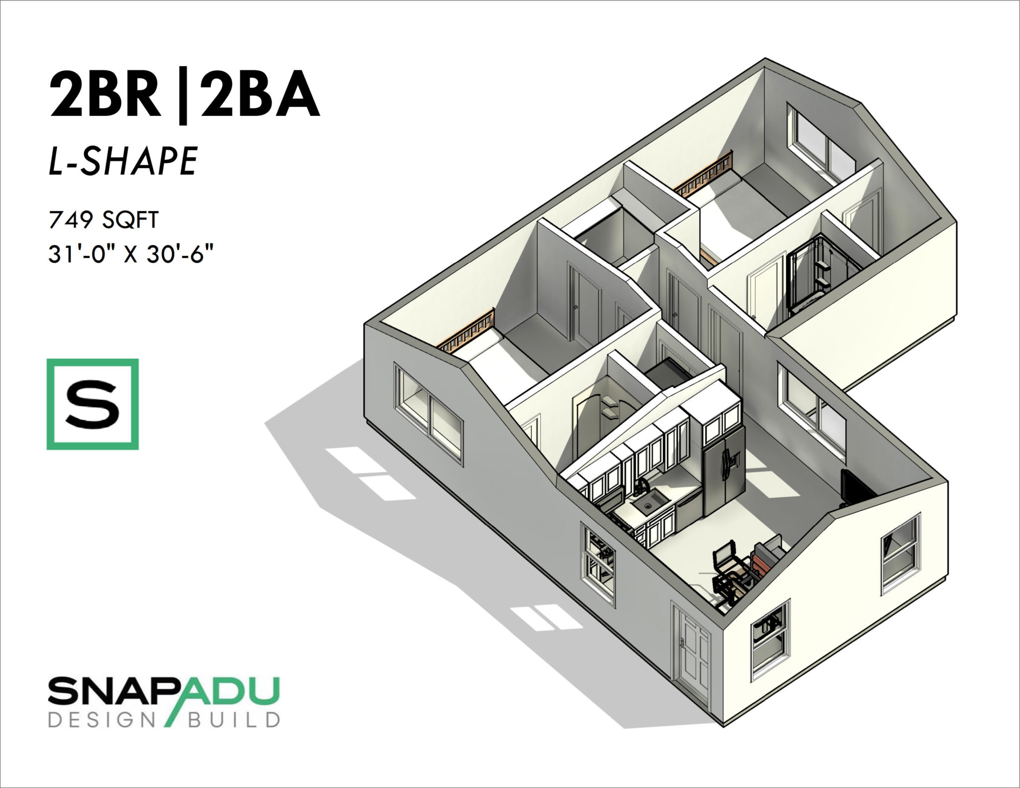 ADU Floor Plan 2BR 2BA 750 SF 31x30 L SHAPE ADU 3D View