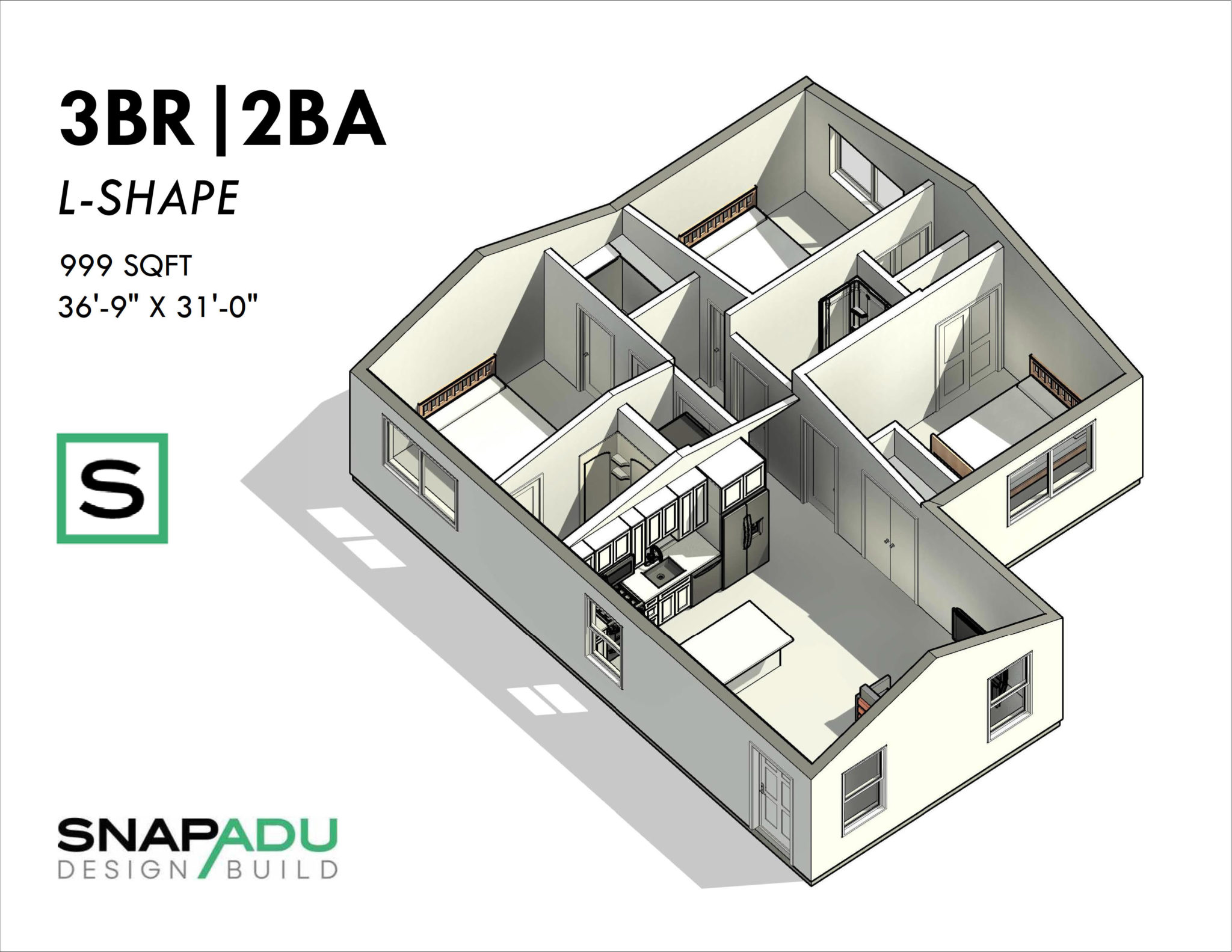 Floor Plans 3BR 2BA 1000 SF 36x31 L SHAPE ADU 3D View